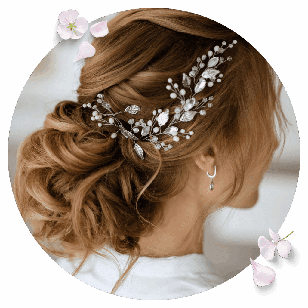 Woman with her long hair pulled back into a curled bun adorned with silver leaf decor