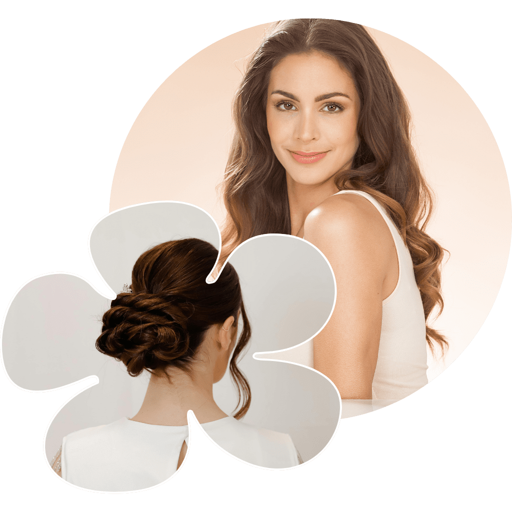 Woman with long curled hair, and a woman with a styled updo