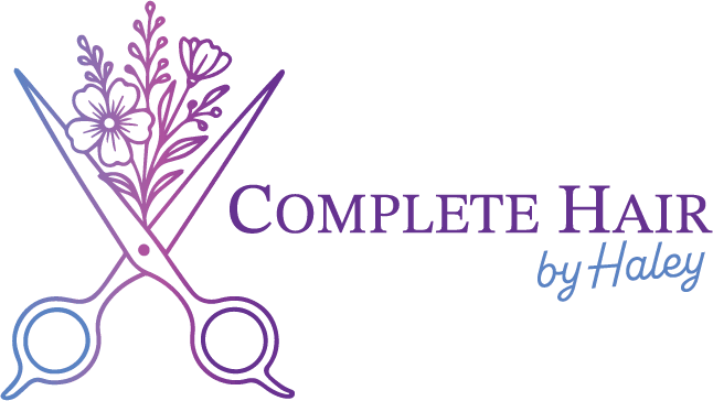 Complete Hair by Haley logo with open salon scissors and flowers