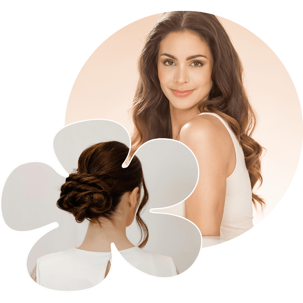 Woman with long curled hair, and a woman with a styled updo