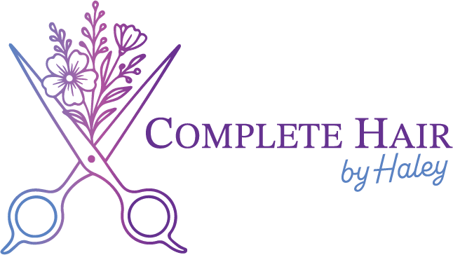 Complete Hair by Haley logo with open salon scissors and flowers